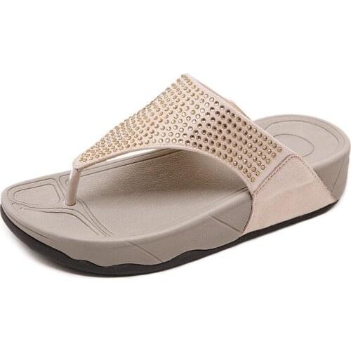 New 2021 casual slippers womens cross border slope heel Rhinestone thick bottom large herringbone slippers