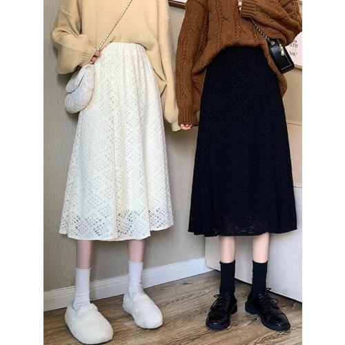 Autumn And Winter New Thickened Lace Knitted Skirt Womens Long Black High Waist Skirt