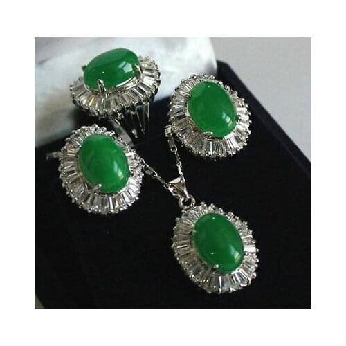Stunning Silver Crystal green jade pendant Necklace ring /Stud Earring