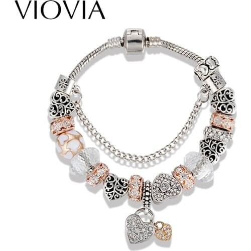 VIOVIA New European Fine Beads Jewelry Silver Color Heart Beads Gold-white Crystal Charm Bracelets For Women DIY Jewelry B16077