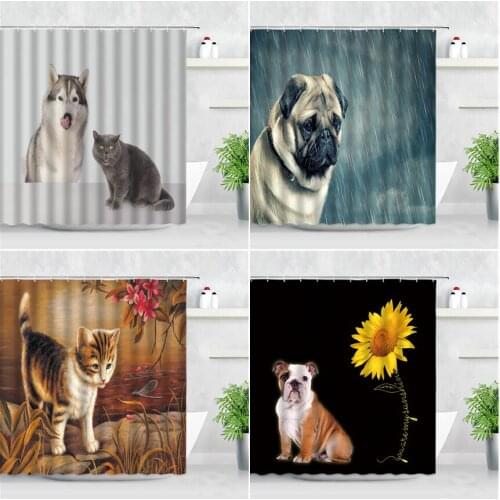 Waterproof Shower Curtains Animals Cute Cat Dog Flower Sunflower Pattern Printed Cloth Bathtub Decor Screen Bathroom Curtain Set
