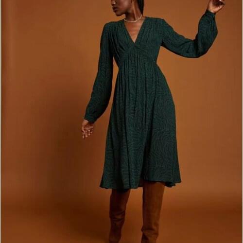 Women Dress French Rattan Print Retro Button Diagonal Long-sleeved Shirt Dress