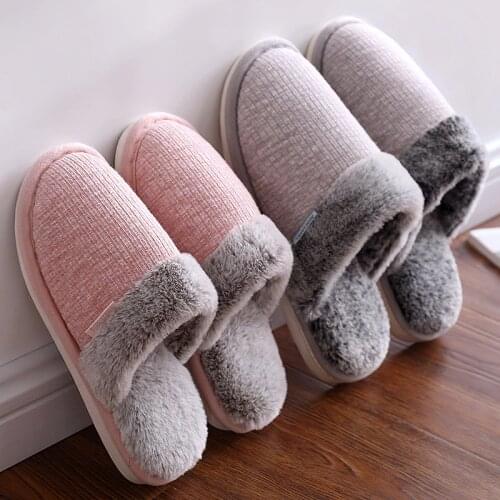 Winter Women Men Slipper Indoor Non-slip Bottom Turned Over Edge Slippers Causal Home Couple Slipper Faux Rabbit Fur Flat Shoes