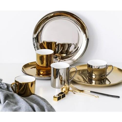 1PC Simple Ceramic Coffee Mug Bone Porcelain Water Cup Dinner Plate Couple Cups Gold Plated Drinkware 8 /10 inch Dessert Plate