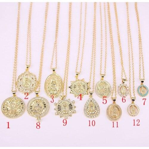 10Pcs Long Chain Virgin Mary Jesus Zircon Necklace Fashion Pendant Clavicle Choker Necklace Religion Jewelry Gifts For Women men
