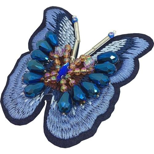 2pc 8x9cm Sew On Beaded Butterfly Patch Applique Blue Butterflies Patches For Clothing Shoes Appliques Parches AC1113