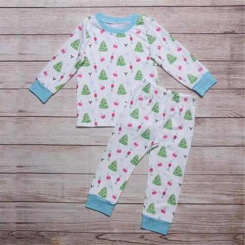 2021 Style Cotton Boy Pajama Set Christmas Tree Printed White Long Sleeve Trousers Cuffs And Neckline With Blue Elastic Cotton