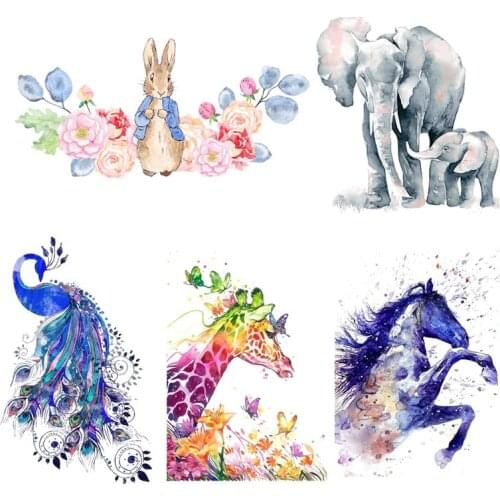 Watercolor Peacock Elephant Horse Giraffe Iron on Heat Transfer Printing Patches Sticker Washable for Kids Clothes DIY Appliques