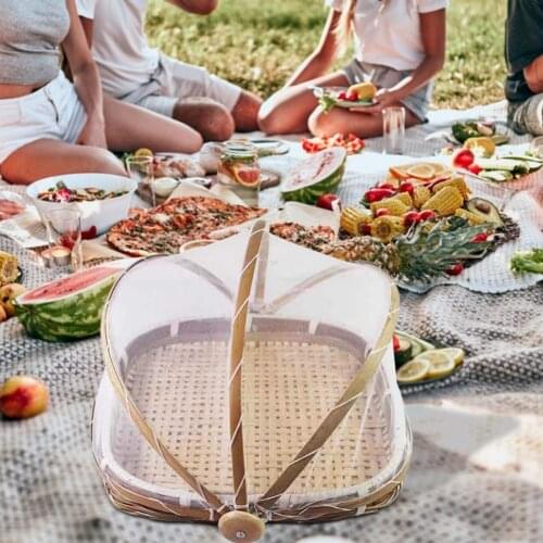 Bamboo Storage Baskets Foldable Hand-Woven Food Serving Tent Dustpan Fruit Dustproof Cover Picnic Mesh Container
