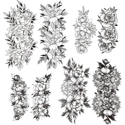 Large Flower Fake Temporary Tattoo For Women Sweatpea Peony Tattoos Geometric Mandala Henna Camellia Tatoos Sheets Body Art Legs