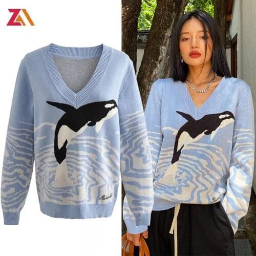 ZALady designer korean chic fashion women sweaters autumn winter clothes long sleeve Dolphin pattern traf blusas pullover female