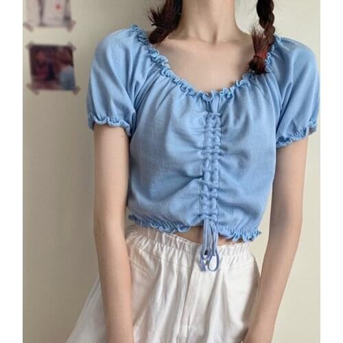 Womens Solid V Neck Tops Summer Sweet Sexy Exposed Navel Knitted Short Sleeve Puff Sleeve Shirts