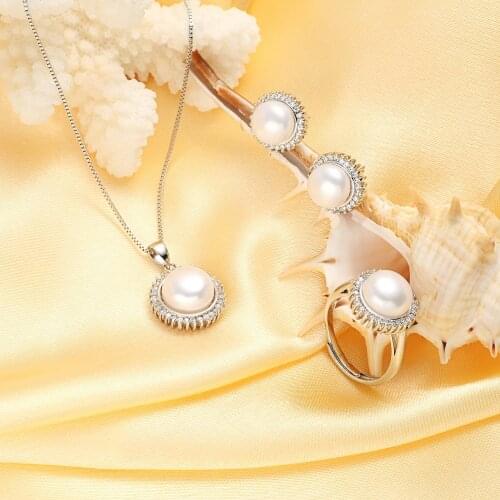 HENGSHENG Natural Pearl Women Jewelry Sets Pendant Necklace & Stud Earrings & Rings AAA ZC Sun Jewelry Gift