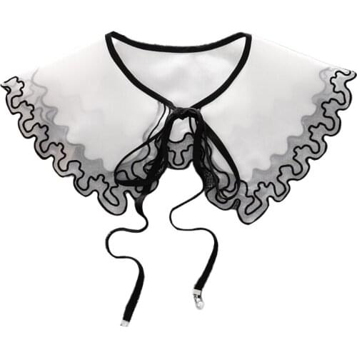 Chinese Style Embroidery Floral Lace Fake Collar Shawl Wrap Vintage Snap Fastener Sheer Mesh Decorative Necklace Poncho Capelet