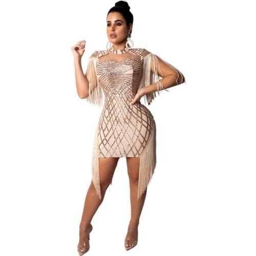 Red Black Mesh Sequin Sexy Bosycon Mini Dress With Tassel Night Club Party Glitter Shiny Women Dresses African Clothes Vestidos