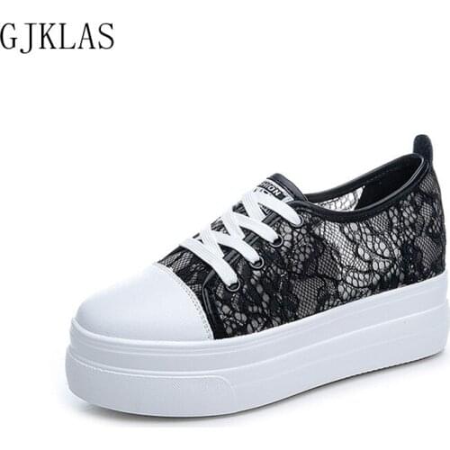Genuine Leather Lace Casual High Heels Sneakers for Ladies Black White Wedges Sneakers Casual Fashion Vulcanize Shoes Women