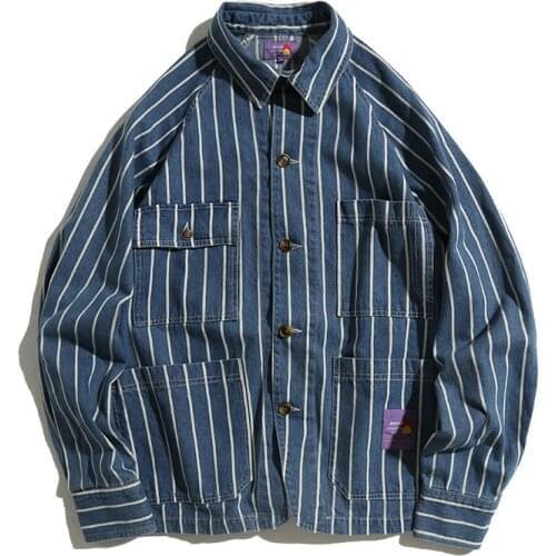 2021 New Men Casual Stripe Loose Denim Cargo Jacket Overcoat Male Japan Streetwear Hip Hop Loose Jeans Coat Outerwear