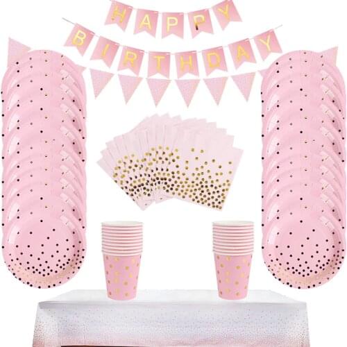 Pink Gold Party Disposable Tableware Set Paper Plates Cup Straws Napkin Balloon Garland Baby Shower Girl Decor Baby 1st Birthday