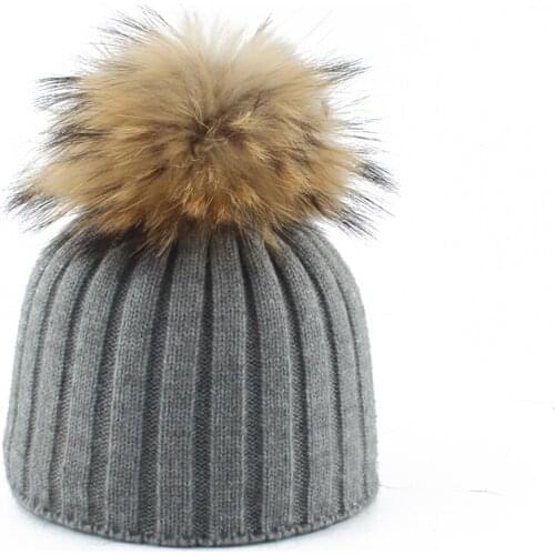 New Arrival Girl Boy Autumn Winter Baby Wool Hat Kids Warm Soft Knitted Beanies Children Casual Real Fur Pom Pom Hat