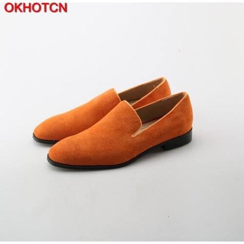 OKHOTCN Pointed Toe Orange Oxfords Suede Leather Dress Men Shoes Fashion Zapatillas Hombre Slip-on Male Formal Shoes Size 46