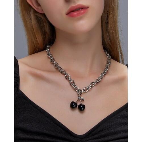 Punk Cool Black Cherry Pendant Necklaces for Women Girls Alloy Metal Chain Enamel Chokers Necklace Statement Party Accessories