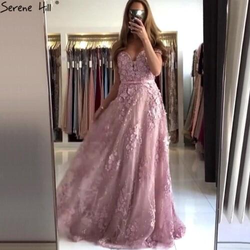 Pink Sweetheart Sexy A-Line Prom Dresses 2020 Lace Flower Pearl Off Shoulder Prom Gowns Serene Hill BLA70180