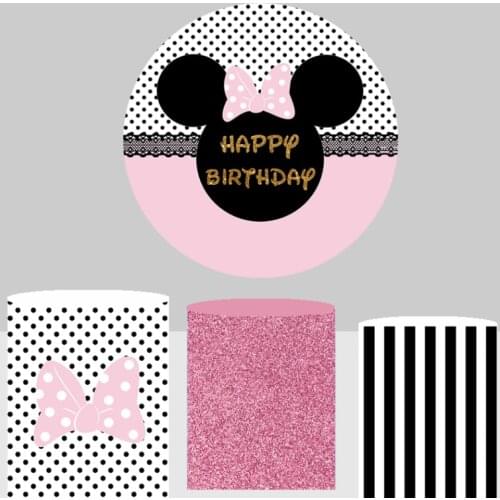Custom round cartoon pink mouse head bow girl birthday elastic Photocall studio background photography Baby Shower