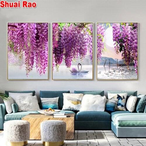 Triptych Diamond painting full square/round Purple Flower Tree picture decoration diamond embroidery 3 pieces of lake swan