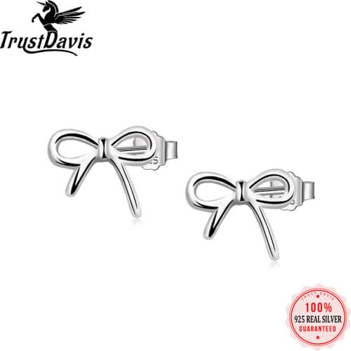 ElfoPlataSi Real 925 Sterling Silver Fashion Simple Bowknot Stud Earrings For Women Wedding Valentines Day Fine Jewelry DD280