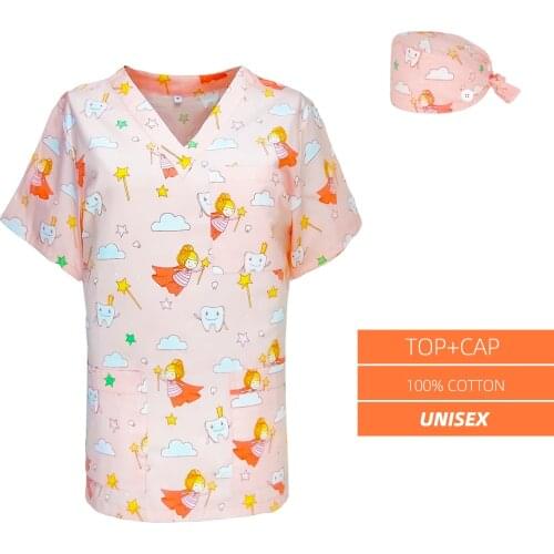 Scrub Top Nursing Uniform for Women Men Lab Dental Clinic Doctors Nurse Pet Fashion Scrubs Tops caps Teeth Print Uniforms Top