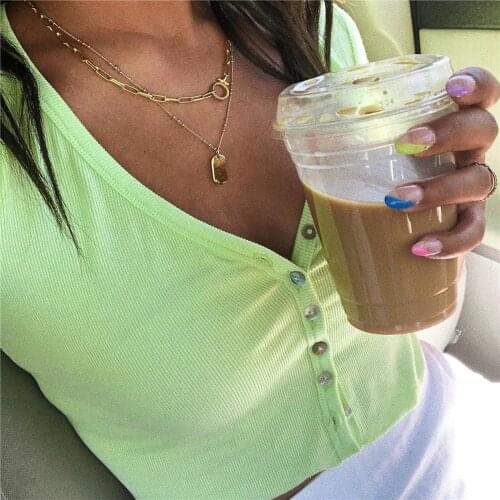 Ribbed V Neck Buttons Sexy Tshirt Women Summer 2021 Long Sleeve Corset Crop Top Green Casual Basic Streetwear Shirts for Women