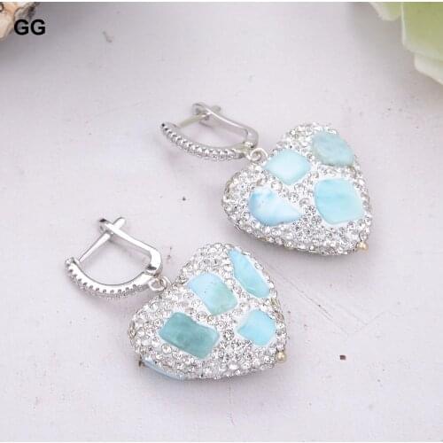 GuaiGuai Jewelry Blue Larimar Silver Crystal Pave Heart-Shaped Dangle Lever back Earrings trendy for women