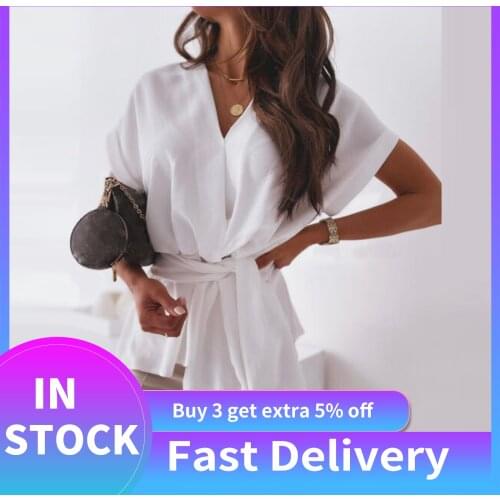 Womens Chiffon Blouse Casual Slim Solid Color V-neck Straps Short-sleeved Tops With Belt Elegant Office Lady Shirt Chemise