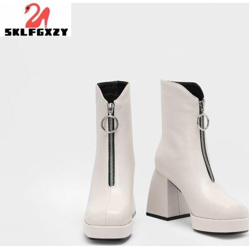 SKLFGXZY 2021 Leather Modern Boots Fashion Square Toe Platform High Heels Women Boots Autumn Winter Ankle Boots Black