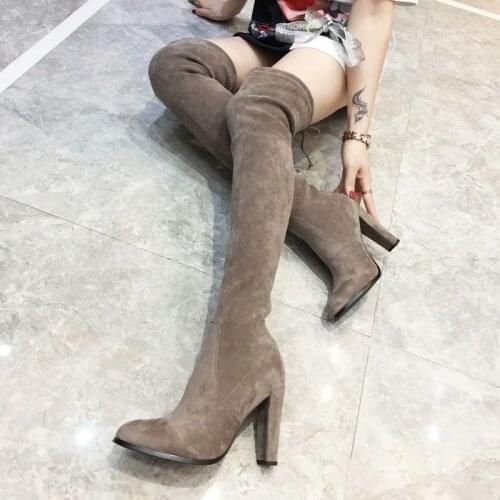 2019 Fashion Suede Stretch Over The Knee Slim Leg Boots Woman Pointed Toe High Heel Shoes Women Lace Up Sexy Long Boots