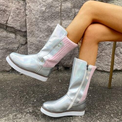 Women Winter Mid-calf Boots Ladies Autumn Girls Flat Heel Boots Fashion Knitting Patchwork Shoes Thick Boots Zippers Platform PU