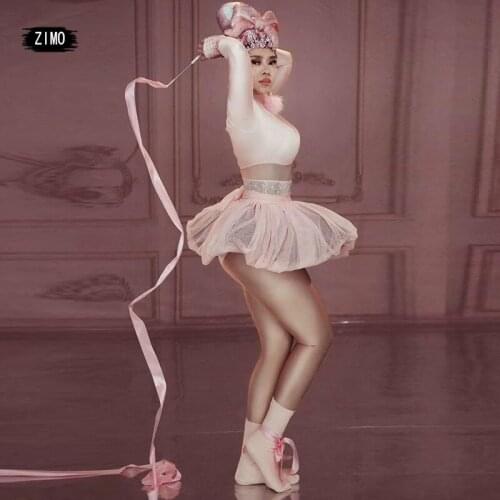 Cute Pink Rhinestone Bodysuit Women ballet equipment Headwear Skirt sets Prom Show Dance Costume club Dj Singer birthday party