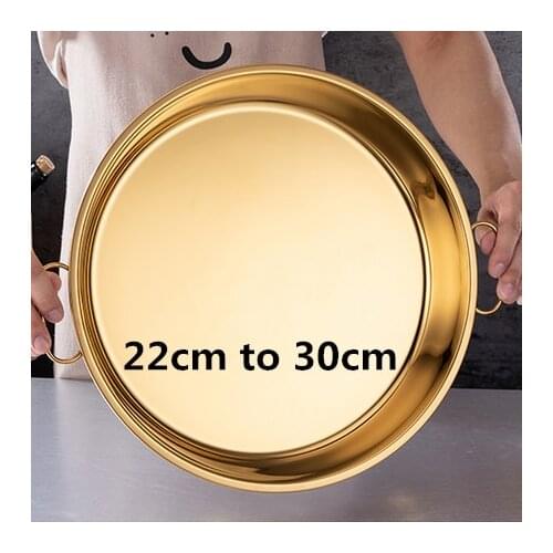 Gold golden double ear handle stainless steel big round tray plate thick Serving Tray steak Dish Dinner BBQ Grill Meat Dishes