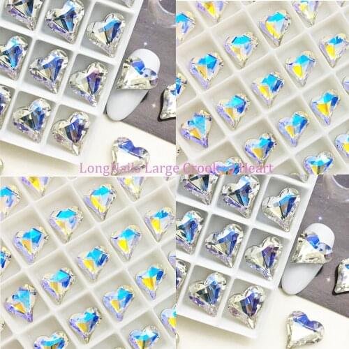 10pcs Large Gem Rhinestones Crooked Heart Reflective/Transparent Clear AB Aurora Gold Glass Decors Nail Jewel Heartstones 9*14mm