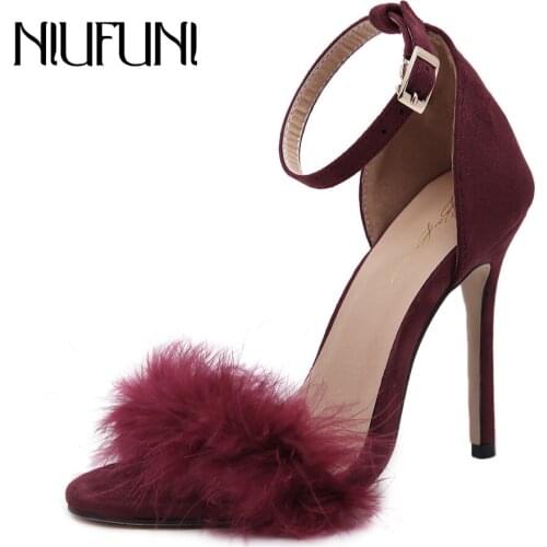 NIUFUNI Summer Fashion Women Retro Plush Sandals Feather High Heel Sandals Hollow Sexy Womens Nightclub Wedding Shoes