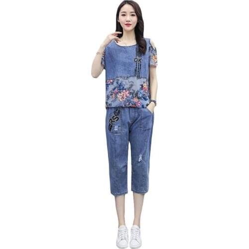 Denim Single/Set Plus Size Womens 2021 Spring Summer New Cowboy Suit Slimming Jeans Cropped Trousers Two-Piece Female L748
