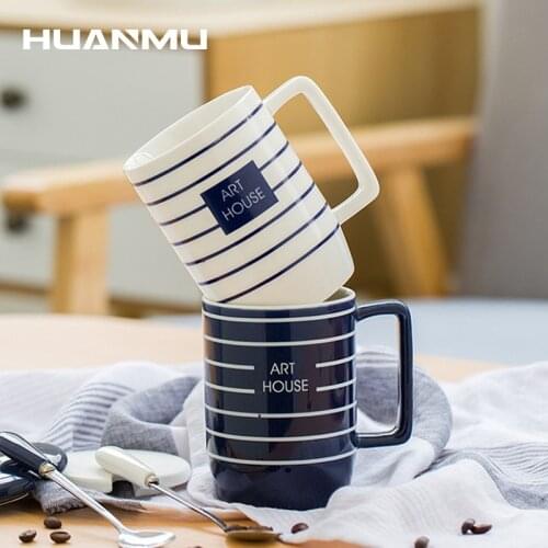 Ceramic Mug Creative Coffee Cup Water Cup Striped pattern Couple Pair Cup With Lid Spoon Breakfast Afternoon Tea Drinkware Mugs