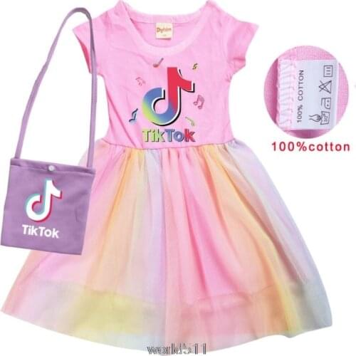 Tik Tok Summer Girls Dresses Kids Cartoon Tik Tok Clothes Cute Print Princess Dress with Bag Baby Cotton Short Sleeves Outfits