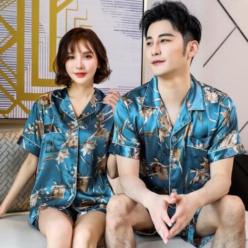 Summer Couple Men Women Lapel Flower Printed Short Sleeve Shorts Sleepwear 2 Pieces Lovers Female Pajamas Pyjamas Homewear