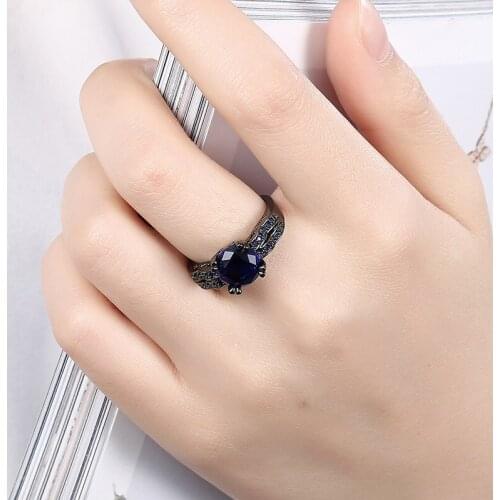 Fashion Bijoux Deep blue crystal rings for Women Black Gun Anniversary Ring size 6 7 8 R2007