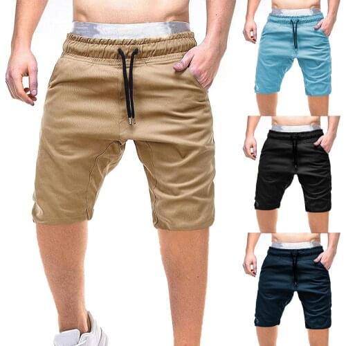 Men Sporty Shorts Solid Color Drawstring Pockets Cotton Knee-length Trousers