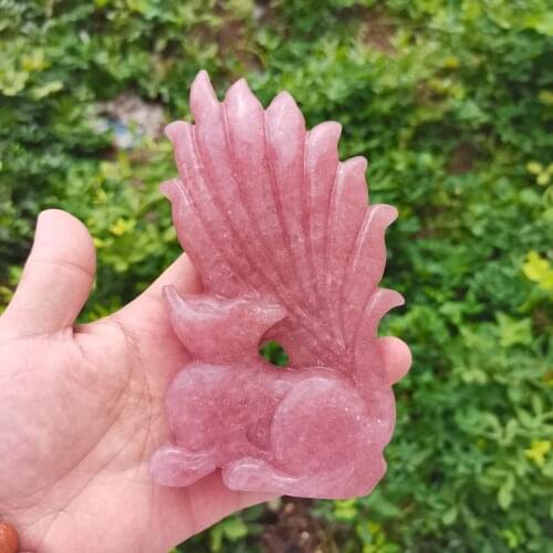 Oversized Natural Beautiful Strawberry Crystal Stone Hand-carved Cute Nine-tailed Fox Healing Crystals Reiki Gift For Home Decor