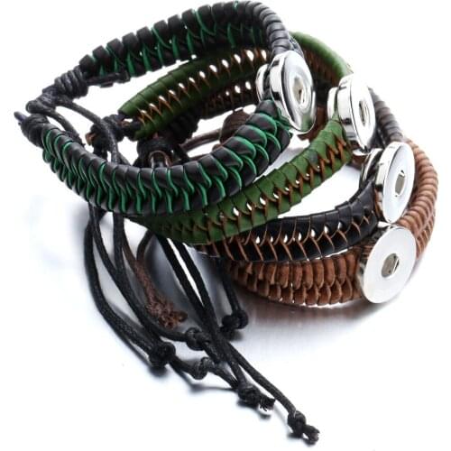 New Adjustable Snap Button Bracelet Bangle Snap Leather Bracelet Retro Handmade Braided Leather Bracelet fit 18MM Snap Jewelry