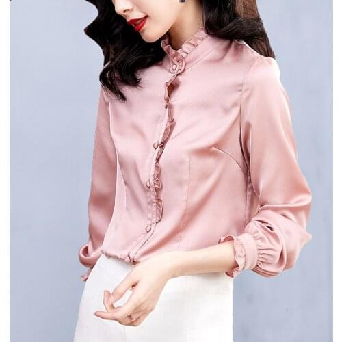 Fall Spring Ladies Top Blouse , Woman Clothes , Womens Ruffles Stand Collar Long Sleeve Imitation Silk Red Grey Beige Blouses