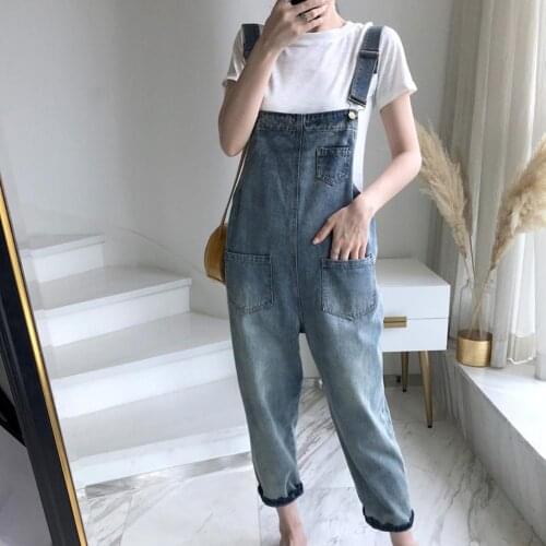 Casual Loose Danim Overalls for Women 2020 New Lady Blue Pockets Denim Overall Jumpsuit Rompers Femme Ninth Pants Female Pants